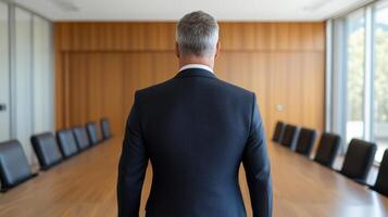 professional man in suit stands confidently in modern meeting room, ready to lead photo