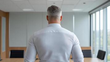 professional man stands confidently in meeting room, ready to engage photo