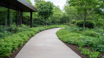 serene pathway winds through lush garden, surrounded by vibrant greenery and trees photo