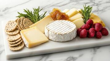 luxurious cheese board with various cheeses, crackers, and fresh fruits creates inviting photo