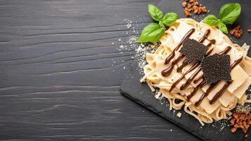 Luxurious truffle pasta dish with creamy sauce and fresh basil, garnished beautifully photo
