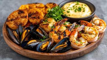 Grilled prawns and mussels served with creamy sauce and garnished with herbs photo