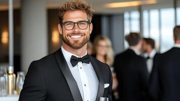 Elegant man in tuxedo smiling at formal event, exuding confidence and charm photo
