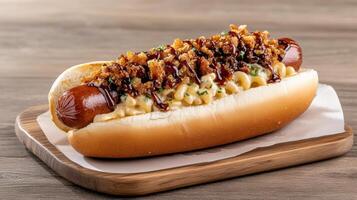 Delicious hot dog topped with mac and cheese, crispy bacon, and barbecue sauce photo