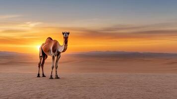 majestic camel standing tall on ridge at sunset, showcasing beauty of desert landscape photo