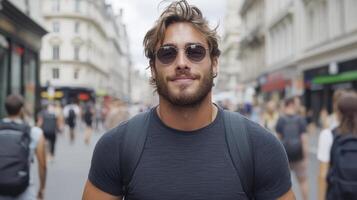 man in sunglasses walking through busy street, exuding confidence and style photo