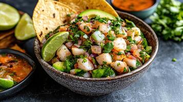 Fresh seafood ceviche bowl with lime, cilantro, and tortilla chips, perfect for vibrant meal photo