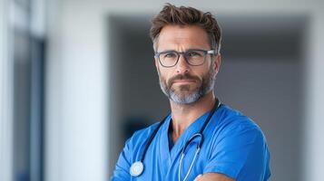 confident medical professional in scrubs stands with arms crossed, exuding calm authority photo