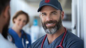 Experienced medical professional smiling confidently healthcare setting, showcasing teamwork and photo
