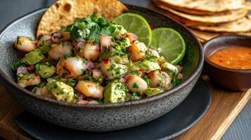 Fresh seafood ceviche with avocado, lime, and herbs served in bowl photo