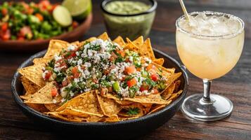 Crispy nachos topped with fresh salsa, cheese, and served with refreshing drink photo