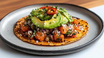 vibrant ceviche tostada topped with fresh avocado, herbs, and chili, served on crispy tortilla photo
