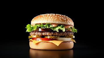 delicious cheeseburger with fresh ingredients, including lettuce, tomato, and cheese photo