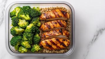 Healthy meal prep with grilled chicken, broccoli, and brown rice photo