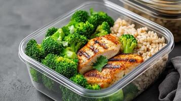 Healthy meal prep with grilled chicken, broccoli, and brown rice in container photo