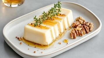 Creamy butter served with honey, nuts, and fresh herbs creates delightful presentation photo