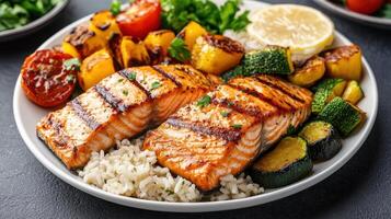Grilled salmon with roasted vegetables and rice creates vibrant, healthy meal photo