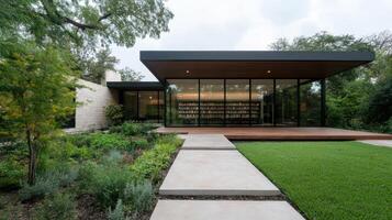modern library surrounded by lush garden, featuring sleek design and natural elements photo