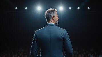 confident speaker stands on stage, illuminated by bright lights, engaging audience photo