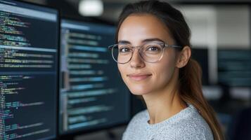 young woman with glasses smiles confidently while working computer modern tech environment photo