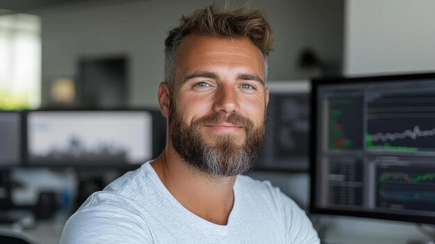 confident business analyst in modern finance lab, smiling while working with data photo