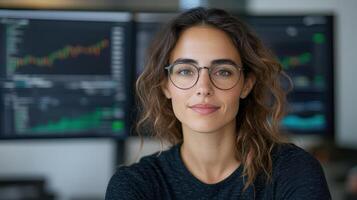 focused business analyst with curly hair and glasses, working in modern office environment photo