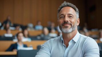 confident man smiles in conference setting, showcasing leadership and engagement photo