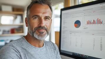 Professional man analyzing data on computer screen, showcasing graphs and statistics photo