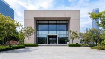 Modern building with large glass facade and surrounding greenery, showcasing architectural photo