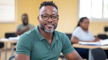 Empowered man smiling in classroom setting, showcasing confidence and engagement photo