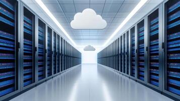 modern data center with rows of servers and cloud icons above, symbolizing cloud computing photo