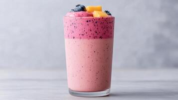 Colorful layered smoothie with distinct sections of fruit and yogurt, topped with berries photo