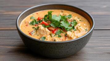 Creamy coconut curry with chicken and bell peppers, garnished with fresh cilantro photo