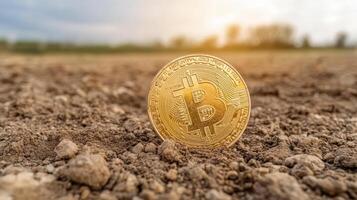 golden cryptocurrency coin stands prominently dry soil, symbolizing intersection of finance and photo