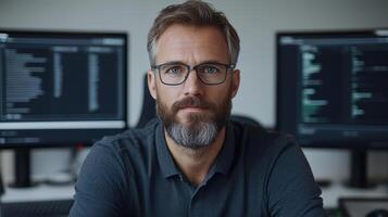 focused professional with glasses and beard, working tech environment, surrounded by computer photo