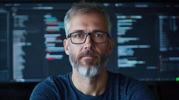 cybersecurity expert focused on ethical technology use, surrounded by code and data photo