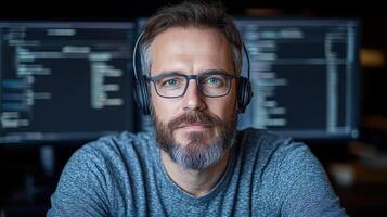 focused professional wearing headphones, working tech environment with computer screens photo