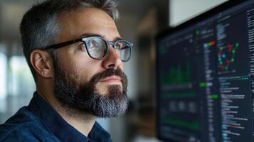 Focused cybersecurity expert analyzing data on computer screen, ensuring digital safety photo