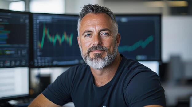 confidente comerciante analizando mercado tendencias con candelero cartas en antecedentes foto