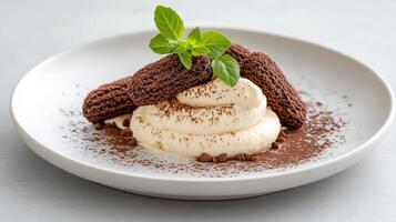 Creamy dessert topped with chocolate cookies and mint leaves, creating delightful presentation photo