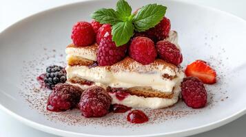 Deconstructed dessert featuring layers of cream, berries, and chocolate, beautifully plated photo