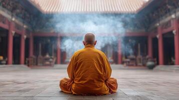 Meditative monk in serene temple, surrounded by smoke and tranquility photo
