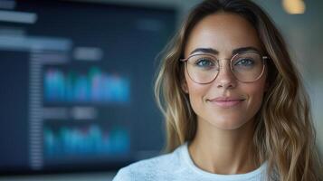 confident professional woman with glasses smiles in front of digital screen displaying data photo