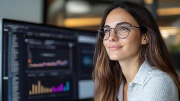 Focused digital marketing specialist analyzing data trends with smile photo