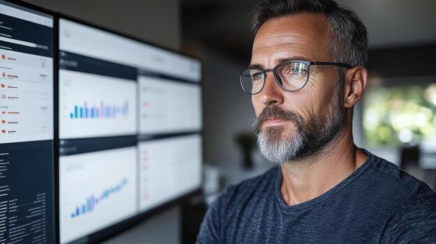 Focused professional analyzing data on large screen, showcasing graphs and metrics photo