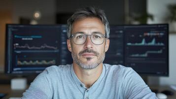 Focused digital marketing specialist analyzing data trends in modern workspace photo