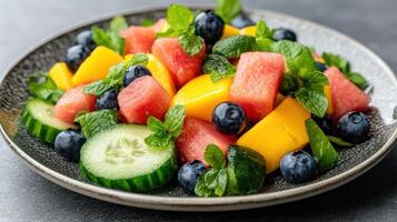 Fresh summer salad with mango, blueberries, watermelon, and cucumber, garnished with mint photo