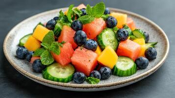 Fresh summer salad with watermelon, mango, blueberries, and cucumber, garnished with mint photo
