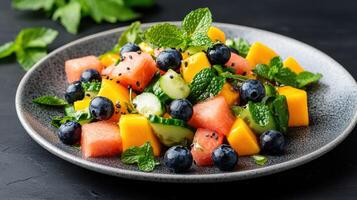 Fresh summer salad with mango, blueberries, cucumber, and mint leaves, bursting with flavor photo