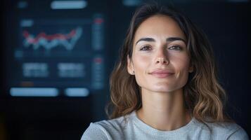Confident woman smiling in front of data analytics display, showcasing insights and trends photo
